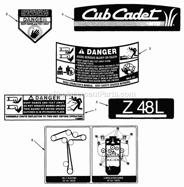 Graphics Diagram and Parts List for Z48L 53AC365M100, 53BA1D5M100 Cub Cadet Lawn Mower